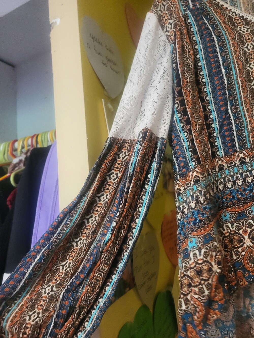 Bohemian Printed Long-Sleeve Blouse with Lace Trim - Blue & Brown - Picture 3 of 6